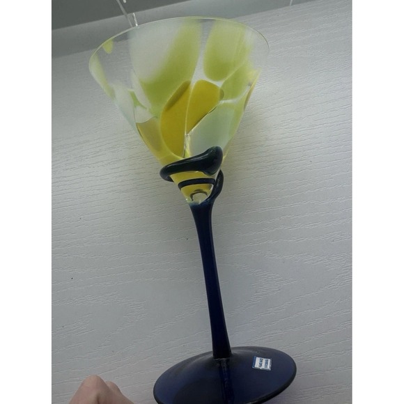 Hand Made In Romania Art Glass Martini Glass 7.5" Yellow Blue Swirl Stem - Picture 8 of 10
